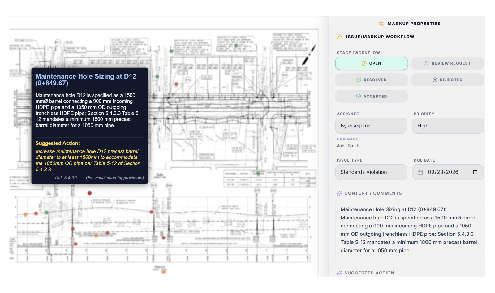 The QualRivu review canvas: a maintenance hole sizing finding pinned to a plan and profile sheet, quoting the standards section it breaches and its suggested fix, beside the markup properties panel showing workflow stage, assignee, priority and due date.